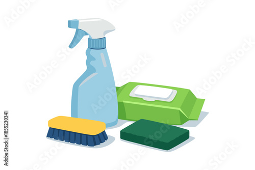 Household cleaning essentials: spray bottle, scrub brush, and sponges in flat style