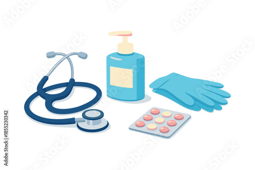 Medical essentials: stethoscope, sanitizer, gloves, and medicine in isometric design