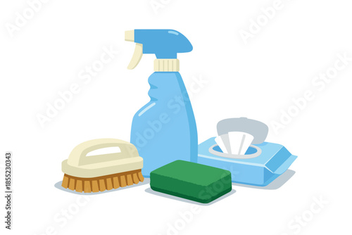 Cleaning supplies set on white background with detergent spray, wipes, sponge, and brush