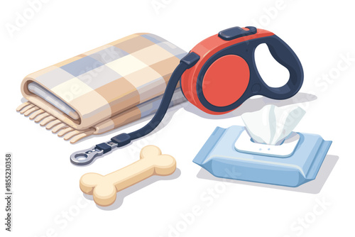 Pet supplies essentials: leash, blanket, bone, wipes in isometric design