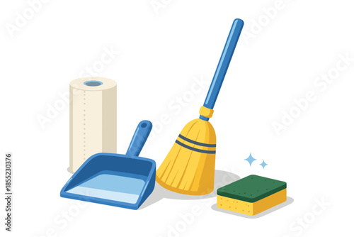 Colorful cleaning supplies: broom, dustpan, sponge, and paper roll