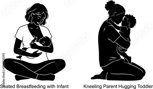 Parent–child care silhouette set featuring breastfeeding, nurturing embrace, and emotional bonding moments.