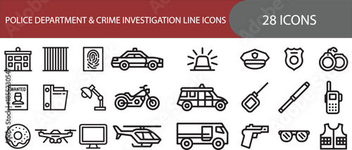 Police department and crime investigation icon set. Containing police car, handcuffs, badge, siren, jail, fingerprint, gun, helicopter, and more.