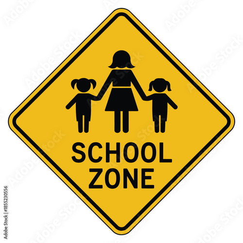 School zone sign with mother and children icon, alerting drivers to reduce speed, emphasizing pedestrian safety, vector graphic for road signs