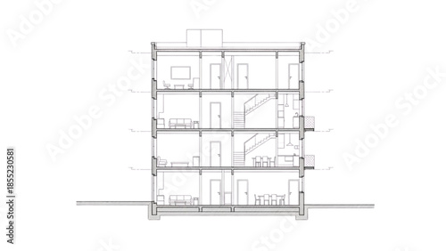 Architectural cross-section illustrating internal floor plans and layouts of a multi-story residential building
