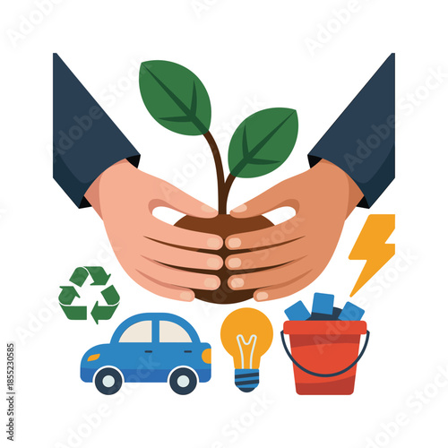 Hands nurturing plant with recycling car lightbulb and lightning bolt seedling sprout vector illustration isolated on white background