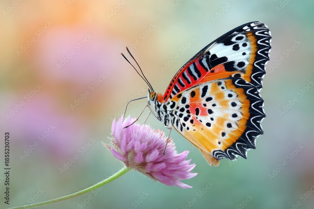 Obraz premium Colorful butterfly with intricate wing patterns rests on a pink flower with blurry background