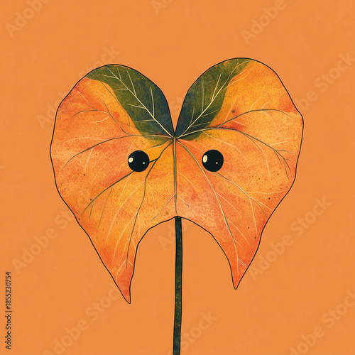 Cute hand drawn caladium leaf with eyes in minimalist style, warm autumn colors, friendly plant character for kids and eco design projects