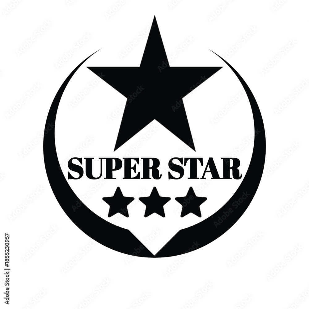 Obraz premium A 'SUPER STAR' text emblem with three small stars positioned below a large central five-pointed star, all enclosed within a crescent circle.