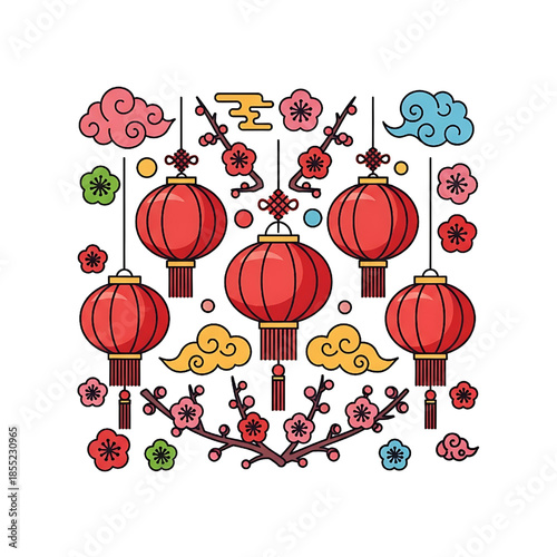 Vibrant traditional Asian celebration with festive red lanterns and blooming cherry blossoms, representing cultural harmony and prosperity for joyous gatherings