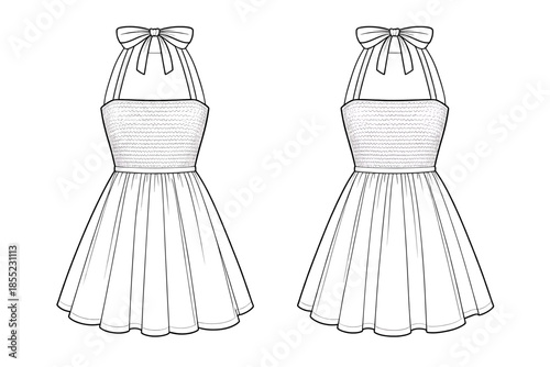 Elegant halter neckline dress with bow and flared skirt Vector