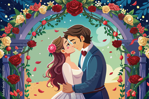 valentine s kiss under a mistletoe arch with rose