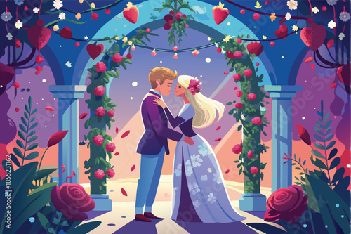 valentine s kiss under a mistletoe arch with rose