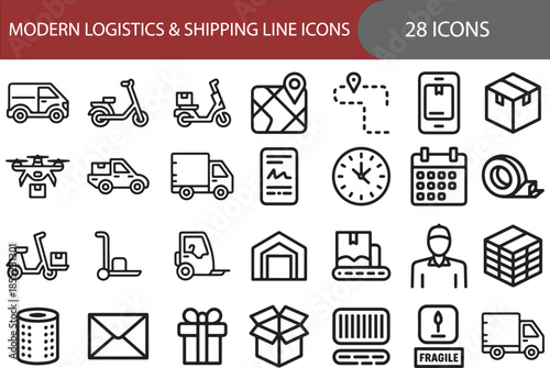Modern logistics and shipping icon set. Containing delivery truck, drone, warehouse, forklift, package, map, tracking, conveyor belt, and more.