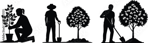 People planting trees silhouette set, woman kneeling with sapling, man digging with shovel, environmental reforestation work