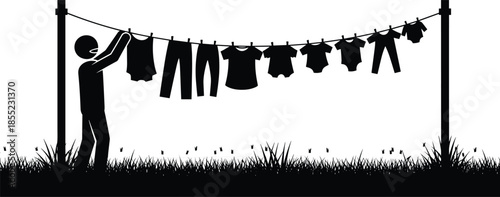 Person silhouette hanging laundry on clothesline, drying clothes outdoors in garden, stick figure pictogram, housework chore,