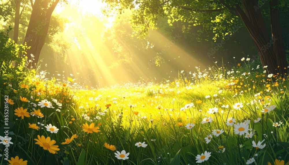 Fototapeta premium Sunlit Meadow with Yellow and White Flowers