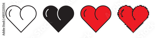 Valentine heart icon set with editable line, color-filled, solid, and pixel hearts. Versatile love symbols for cards, apps, logos, wedding stationery, and romantic seasonal designs.