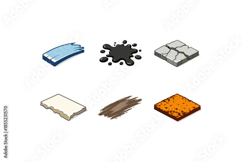 Variety of textures: paint, ink, stone, paper, brush, sponge in isometric style