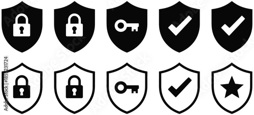 Security shield icons set with lock, key, check mark, and star symbols, representing protection, privacy, and safety, vector illustration for apps