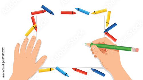 Adorable child's hands actively engaged in drawing on a blank sheet of paper, charmingly framed by a border of colorful crayons.