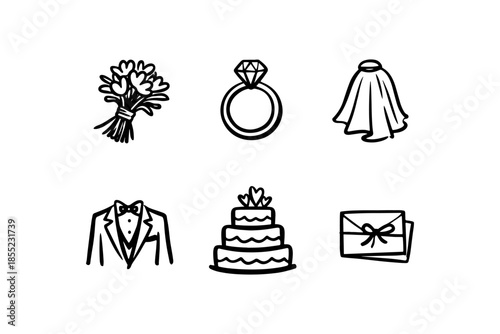 Simple black outline wedding icons featuring cake, rings, and attire for event design
