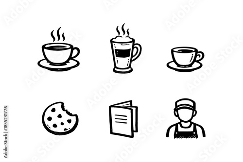 Hand drawn coffee icons set featuring cups, cookies, and barista