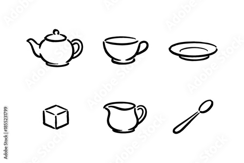 Hand drawn tea set icons: teapot, cup, plate, sugar, creamer, spoon
