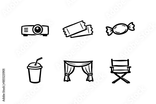 Hand drawn cinema icons: projector, tickets, candy, drink, curtains, director chair