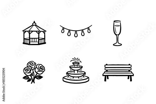 Charming wedding icons: gazebo, string lights, champagne, roses, fountain, bench