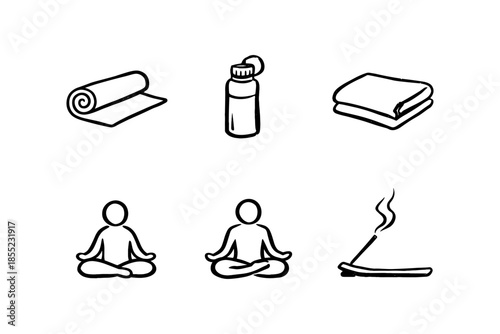 Minimalist yoga essentials: mat, water bottle, towel, meditation, incense icons