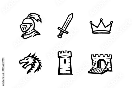 Medieval icons set featuring knight, sword, crown, dragon, tower, and castle
