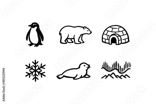 Arctic icons set: penguin, polar bear, igloo, snowflake, seal, mountains