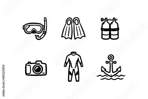 Hand drawn scuba diving icons set: equipment in doodle style
