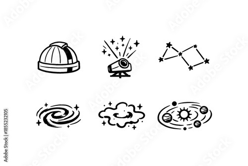 Celestial icons: astronomy and cosmic exploration symbols in black and white