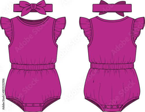 Baby girl romper fashion flat illustration with ruffle sleeves and headband, infant bodysuit front and back view vector