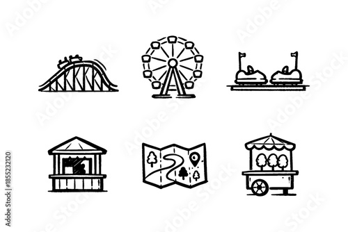 Amusement park icons: ferris wheel, bumper cars, roller coaster, and food stalls