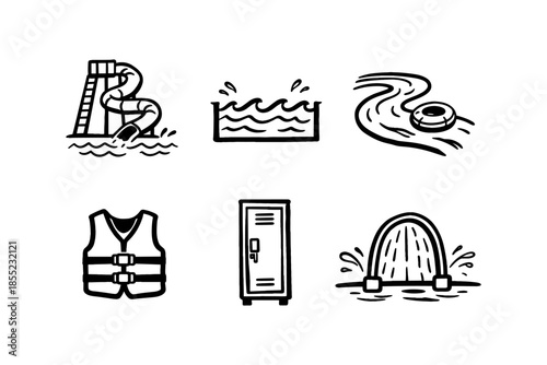 Aquatic fun icons: slides, pools, and safety gear in bold outline style