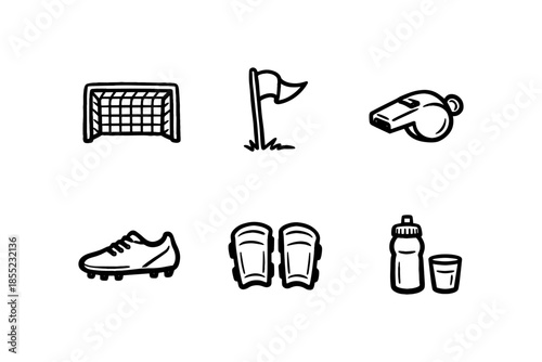 Soccer equipment icons set: whistle, goal, cleats, corner flag, water bottle, shin guards