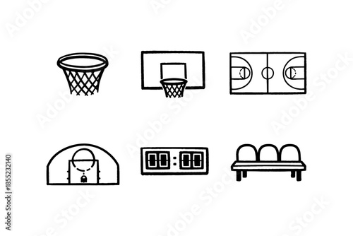 Hand drawn basketball icons: hoop, court, scoreboard, bench