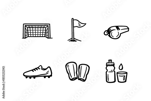 Hand drawn soccer equipment icons set with goal, flag, whistle, shoe, shin guard, water bottle