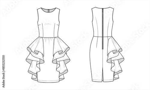 Sleeveless high low ruffle dress fashion technical sketch, front and back view womens evening wear cad drawing flat vector