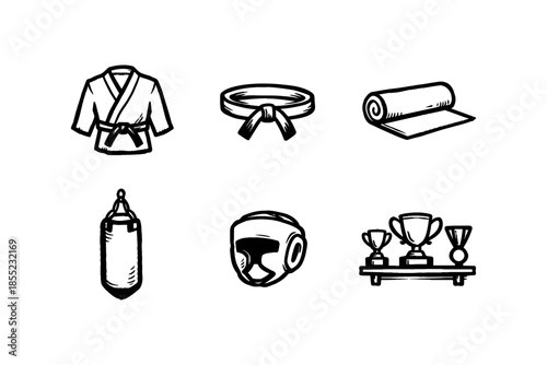 Martial arts gear set: hand drawn karate icons for fitness enthusiasts