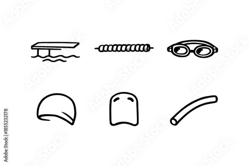 Swimming equipment icons: diving board, rope, goggles, cap, kickboard, noodle