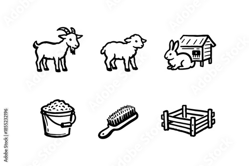 Rustic farmyard animals and tools sketch set: goat, sheep, rabbit, and essentials