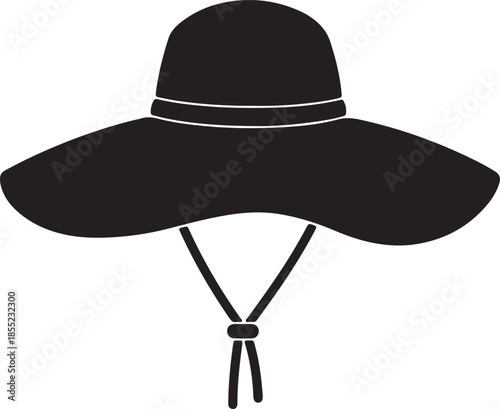 A simple, bold black silhouette of a wide-brimmed sun hat with a chin strap