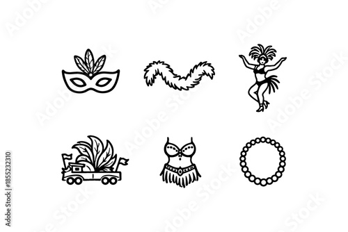 Carnival celebration icons: mask, parade car, dancer, costume, and necklace