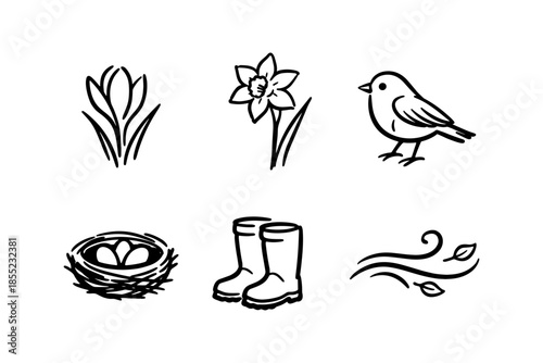Spring symbols collection: floral, bird, nest, boots, and breeze