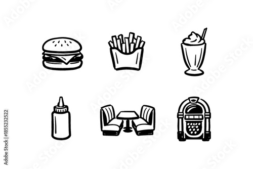 Vintage diner icons: burger, fries, milkshake, and more in bold style