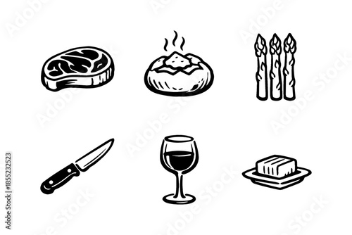 Hand-drawn steak dinner icons: knife, wine, roast, asparagus, butter